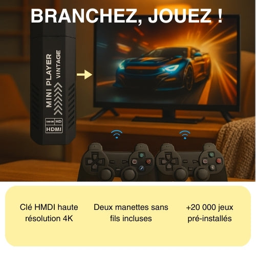 Mini Player Vintage – Clé HDMI avec +20 000 Jeux inclus et Deux Manettes